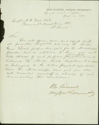 Brief unterschrieben J.C. Fremont, Major General Commanding, Hauptquartier, Western Department, Lager bei Tipton, an Kapitän A.H. Foote, U.S.N. Kommandant der Marinekräfte H.D., St. Louis, 11. Oktober 1861