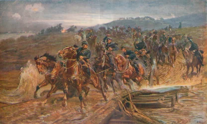 Französische Artillerie überquert den Fluss Aisne, September 1914, 1915