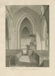 Innenraum der Leigh Church: Sepia-Zeichnung