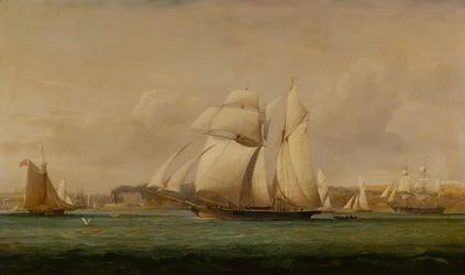 Ein Toppsegel-Schoner, zwei Royal Yacht Squadron Cutter und ein amerikanisches Handelsschiff