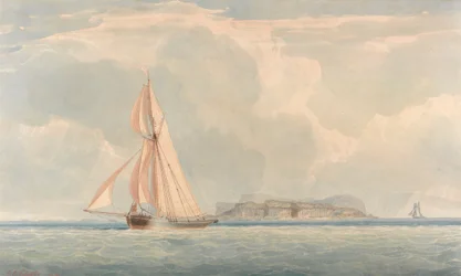 Boot segelt nach links mit Insel im Hintergrund