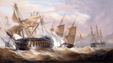 Die Guillaume Tell wird von der H.M.S. Penelope und H.M.S. Loin of Malta während der Blockade, 30. März 1800, angegriffen