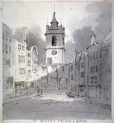 Kirche St. Giles ohne Cripplegate von der Fore Street, City of London, 1790