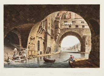 Der Waschplatz des Krankenhauses Hôtel-Dieu und die Brücke de la Tournelle, Illustration aus Versailles, Paris und Saint Denis, veröffentlicht 1805