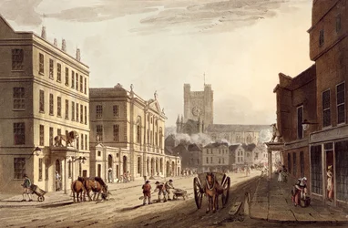 Ansicht des Rathauses, Marktes und der Abteikirche, aus 