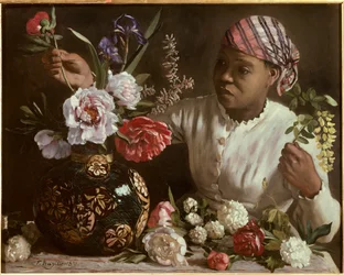 Die Schwarze Frau mit Pfingstrosen, 1870. Maße: 0,6 x 0,75 m. Montpellier, Musée Fabre