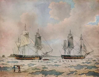Die Schiffe der Expedition von Lord Mulgrave, eingebettet im Eis der Polarregionen