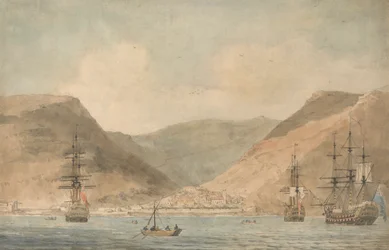 Ansicht von Jamestown, St. Helena, vom Meer mit Schiffen