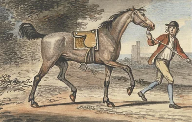 Stalljunge führt ein trabendes Pferd in einer Landschaft mit einem Burgturm