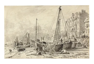 Gestrandete Fischerboote mit Fischern, die Netze am Strand von Brighton reparieren, Blick nach Westen, ca. 1824-28