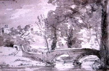 Brücke mit Bäumen und Gebäuden in Haddon
