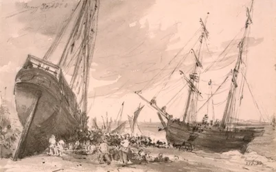 Küstenszene von Brighton mit zwei Schiffen im Vordergrund, 30. Mai 1828