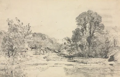 Landschaft mit Bäumen um einen Teich