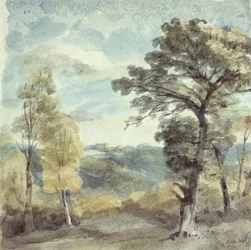 Landschaft mit Bäumen und einem fernen Herrenhaus