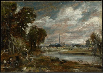 Die Kathedrale von Salisbury vom Fluss Nadder aus