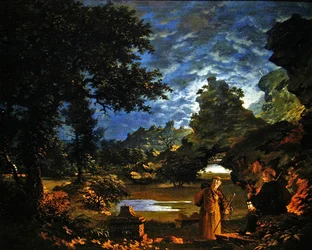 Mönche mit einer Laterne in einer felsigen mondbeschienenen Landschaft