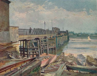 Alte Battersea-Brücke, vom Nordufer aus, Blick über die Themse, London, 1885-1926