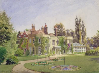 Ansicht des Vordereingangs und Gartens von Raleigh House, Brixton Hill, Lambeth, 1887