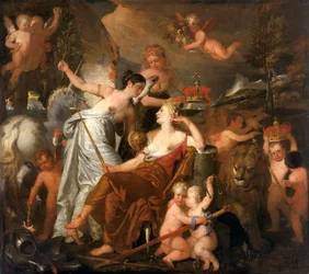 Eine verstorbene Prinzessin personifiziert den Frieden und krönt den Ruhm Englands, reflektiert auf Europa