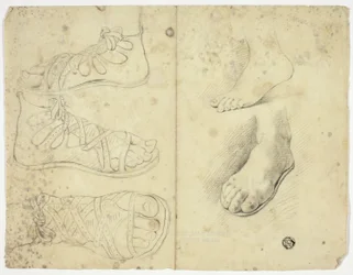 Zwei nackte Füße und drei sandalte Füße