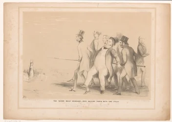 Spotprent mit sieben Männern, die mit einem Speer einen Hasen angreifen