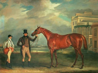 General Chasse, ein kastanienbraunes Rennpferd, gehalten von seinem Trainer, mit seinem Jockey J. Holmes auf der Aintree-Rennbahn, 1835