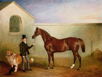 Mr. Meakin hält Sir Robert Peels Kastanienjäger mit seinen Hunden 