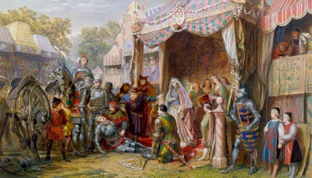 Lancelot kämpft gegen Sir Mador, um die Ehre von Guinevere vor König Arthur, Guinevere und dem Königshof zu verteidigen