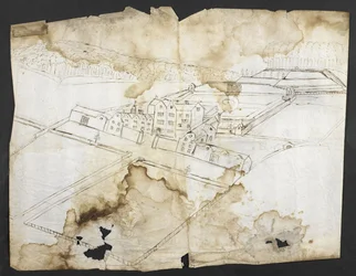 Aussicht auf Wotton mit dem Garten, der Grotte und der Umgebung von Nordwesten, ca. 1650