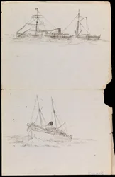 Skizzen eines Schlachtschiffs und zweier anderer Schiffe der Royal Navy