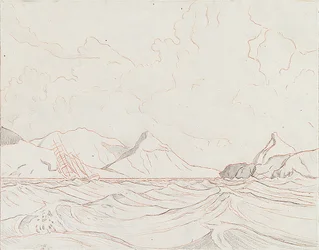 Meereslandschaft mit vorbeifahrendem Schiff (1), frühes 20. Jahrhundert