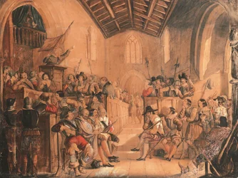 Ein Roundhead-Gottesdienst: eine Szene aus "Peveril of the Peak" von Sir Walter Scott, 1841