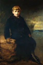 Porträt von Cecil Webb, sitzend in voller Länge, in schwarzem Mantel mit Pelzkragen, 1887