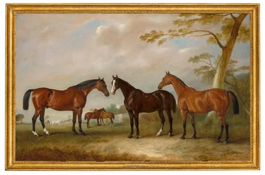 Intrepid, Conqueror und Bay Bolton mit Silkman und Darnley in einer Landschaft