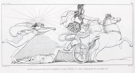 Apollo, Gott der Sonne, bedeckt Hektors Körper vollständig mit seinem goldenen Aigis, um ihn zu bewahren. Gesang XXIV. Zeichnung von John Flaxman (1755 - 1826). Homers Ilias