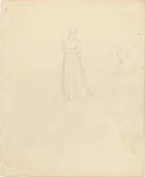 Stehende weibliche Figur, die auf liegende und sitzende Figuren schaut