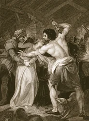 Der Kopfsteuer-Eintreiber wird von Wat Tyler ermordet, gestochen von J. Hall, Illustration aus David Humes 