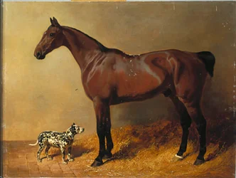 Ein brauner Jäger und ein gefleckter Hund in einem Stall