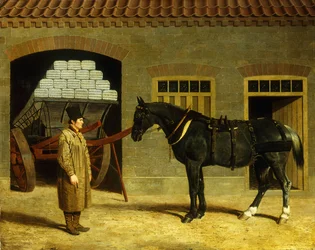 Ein Kutschpferd und Fahrer vor einem Stall, 1827