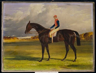 Die Stute Industry des Earl of Chesterfield, mit W. Scott, in einer Landschaft, 1838