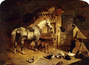 Das Innere eines Stalls mit einem gescheckten grauen Pferd im Geschirr, mit Enten, Ziegen und einem Hahn am Futtertrog, 1843