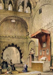 Córdoba: Mönch beim Gebet an einem christlichen Altar in der Moschee, aus „Sketches of Spain“, gestochen von Charles Joseph Hullmandel (1789-1850), veröffentlicht 1836
