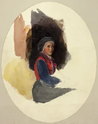 Skizze einer sitzenden Frau in Bauerntracht