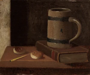 Tasse, Buch, Kekse und Streichhölzer