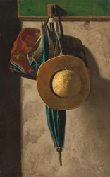 Strohhut, Tasche und Regenschirm, ca. 1900