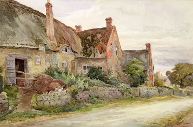 Reetgedecktes Cottage mit angrenzender Scheune, 1881