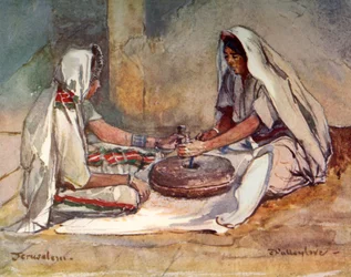 Zwei Frauen mahlen an einer Handmühle, 1902