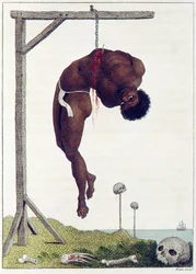Ein Schwarzer Mensch, lebendig an den Rippen an einen Galgen gehängt, veröffentlicht 1796