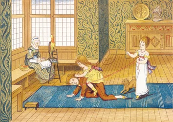 Spielzeit - Spielzeit, drei Kinder spielen, das jüngste reitet auf dem Rücken seines Bruders, das jüngste reitet auf dem Rücken seines Bruders, angehängt an ein Rentier, das von seiner Schwester gehalten wird, in einem Wohnzimmer, in der Nähe ihrer Großmut