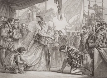 Königin Elisabeth I. (1530-1603) schlägt Francis Drake (1540-96) zum Ritter, aus 
